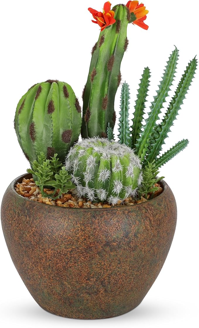 Assorted Artificial Cactus Plants Indoor - 5.9" Small Faux Succulent Cacti Plants in Pots Mini Fake Flowering Cactus Potted with Bowl for Home Office Living Room Bathroom Shelf Table Indoor Decor