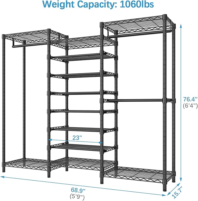 VIPEK S3 Heavy Duty Garment Rack Freestanding Clothes Rack Closet Storage Organizer Large Wardrobe with 6-Tier Shoe Rack, Hanging Rod, Adjustable Shelf, 68.9" L x 15.7" W x 76.4" H, Black