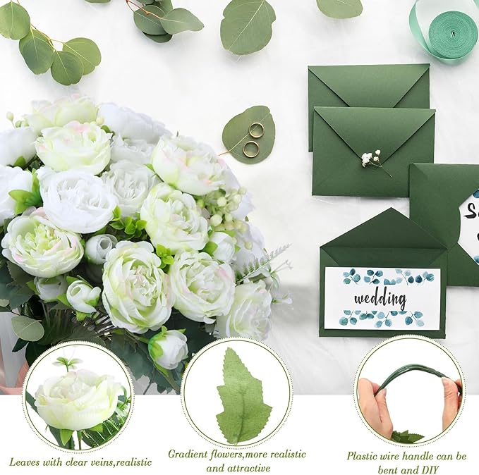 Geosar 8 Bundles Artificial Peonies Flowers Fake Silk Peony Bouquet Faux Peonies Flowers Bulk for Decoration Vase Florals Arrangements Wedding Party Table (White,Green)