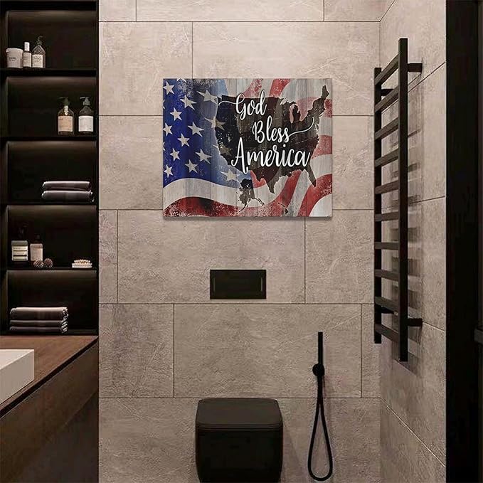 Large American Flag and USA Map Wall Art Rustic United States Map Pictures Wall Decor God Bless America Canvas Painting Print Home Decor Artwork Framed for Living Room Bathroom Master Bedroom 20"x16"