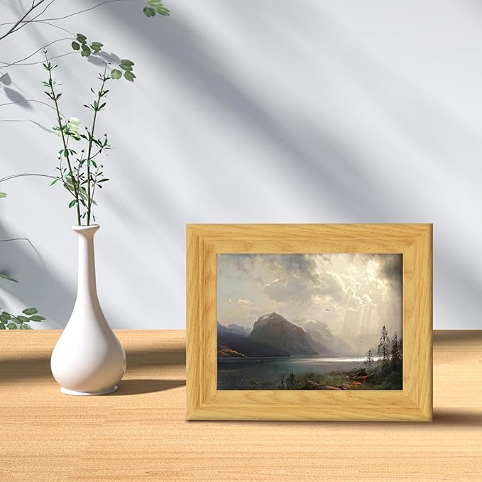 Brivoria Framed Canvas Wall Art Vintage Decor, Romantic Mountain Lake Scene with Stormy Sky Canoes Sunlight Rays and Birds for Bedroom Entryway Shelf Display or Tabletop Decoration, 8"x10"
