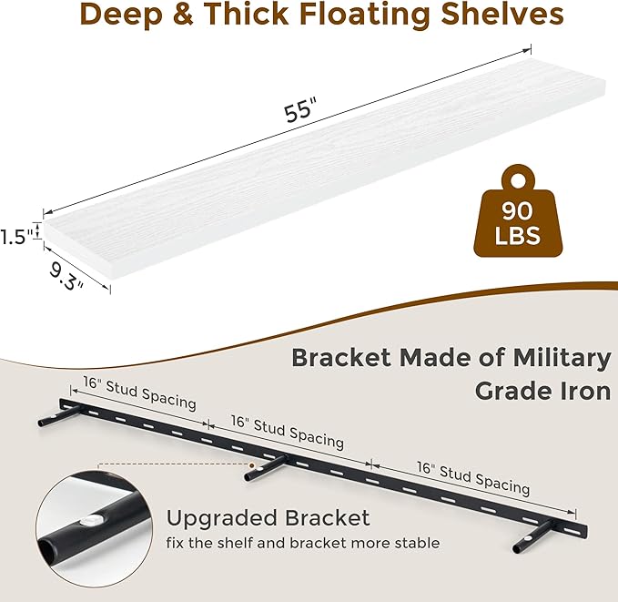 55 Inch Floating Shelves White, Rustic Wood Floating Shelf Wall Mounted, 9.3 Inch Deep Floating Shelf for Kitchen, Bedroom, 55 x 9.3 Wall Shelves for Home Storage, Set of 1