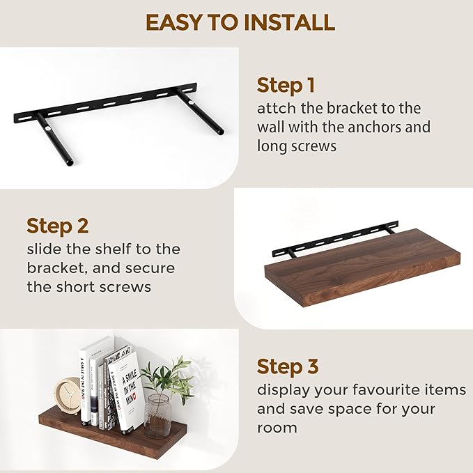 40 Inch Floating Shelvese, 40" W x 9.3" D Floating Shelf Set of 2, Farmhouse Wood Wall Shelves for Bedroom, Kitchen, Wall Mounted Deep Shelving for Home Decor, Walnut Color