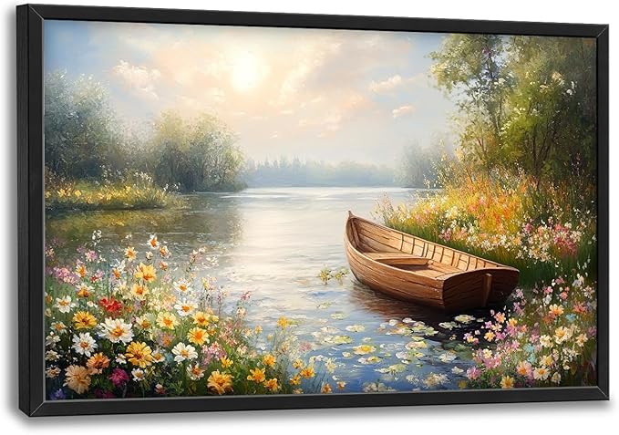 Framed Large Wall Art for Living Room, Lake Boat Canvas Wall Decor, Flower Pictures Painting, Natural Landscape Artwork for Living Room Bedroom Office 36L'' × 24W''