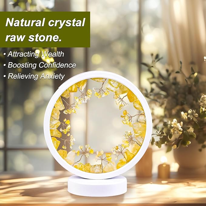 Runyangshi Natural Crystal Citrine Small Tree Round White Frame Tri-Color Ambient Light Home Decoration Night Light Healing Decor Gift