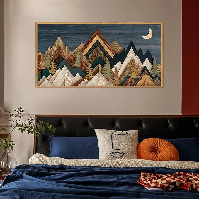 HPINUB Mountain Style Framed Canvas Wall Art Set,Vintage Pine Tree Wall Decor, Nature Country Wilderness Forest Artwork,Modern Navy Blue Art Prints for Living Room,Bedroom,Farmhouse- 20"x40"