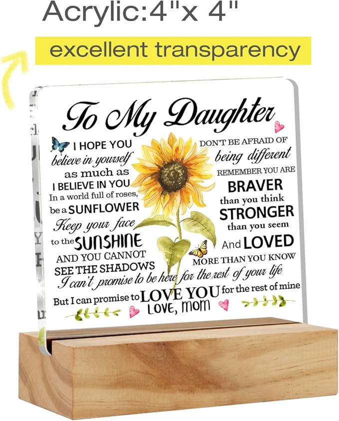 Sunflower Acrylic Desk Plaque Sign with Wood Stand - I Love You Gift for Daughter's Birthday or Christmas
