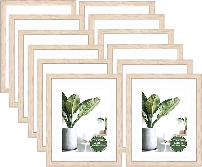 Picture Frame 4x6 with mat to 3.5x5 MDF Wood photo Frame Set of 12 - Natural Textured Exclusive Frames with HD Glass Tabletop and Wall Mounting Horizontal or Vertical Display Photo Frame for