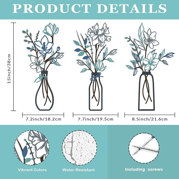 ARTINME 3 Pieces Metal Flowers Wall Arts - Rustic Farmhouse Decor Minimalist Flower Wall Decors for Living room Bathroom Kitchen Bedroom Dining Room - Housewarming Gifts (Blue)