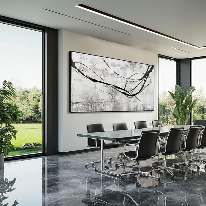 XIANSHOU Black Line Canvas Pictures Gray Decorative Painting 29"x58" Wood Wall Art Modern Art Prints Abstract Wall Art for Living Room Wall Pictures for Bedroom