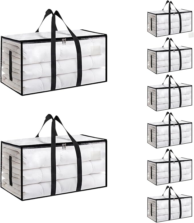 8 Pack-Extra Large Heavy Duty Moving Bags - Waterproof Storage Totes with Handles & Zippers, Foldable for College Dorm, Storage (Clear)