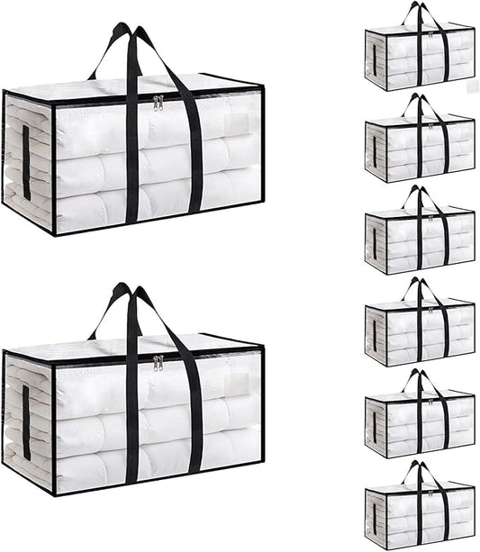 8 Pack-Extra Large Heavy Duty Moving Bags - Waterproof Storage Totes with Handles & Zippers, Foldable for College Dorm, Storage (Clear)