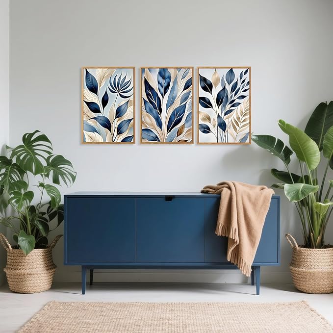 HPNIUB Botanical Leaf Framed Canvas Wall Art Set, Modern Natural Leaves Wall Decor, Minimalist Plant Floral Wall Painting, Abstract Aesthetic Leaf Art Print for Living Room,Bedroom,Office-16 x24 x3
