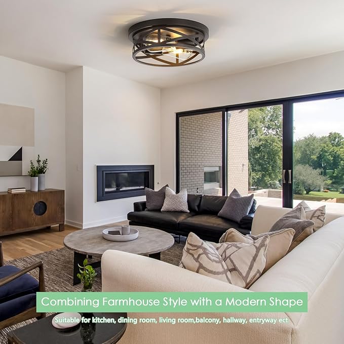 Black Flush Mount Ceiling Light Fixture,2-Light Industrial Farmhouse Ceiling Light Fixture，Black Light Fixture Ceiling Mount for Kitchen Bedroom Living Room Hallway 1 Pack