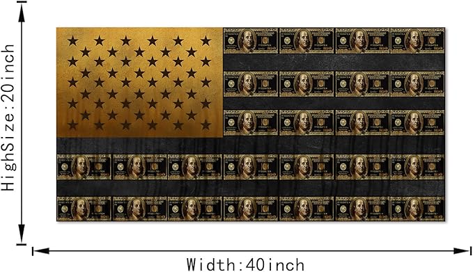 Abstract Dollars Creative USA Flag Wall Art Golden Vintage Bill American Flag Creative Inspirational Framed Posters Prints Paintings Artwork for Home Walls Guest Roomm Study Room Gym Decor-40"Wx20"H