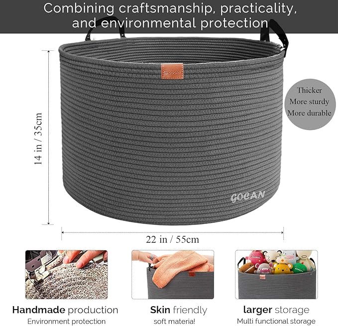 Extra Large Storage Laundry Basket 22" X 22"X 14" Cotton Rope Woven Basket for Blanket Basket with Handles for Living Room Toys Storage XXXL (Dull grey)