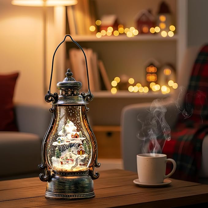 14.2" Christmas Village Buildings Tall Snow Globe Lantern Water Glittering Snowman Family with Music & Timer, USB Lined/Battery Operated Lighted Lantern for Christmas Festival Decoration Gifts