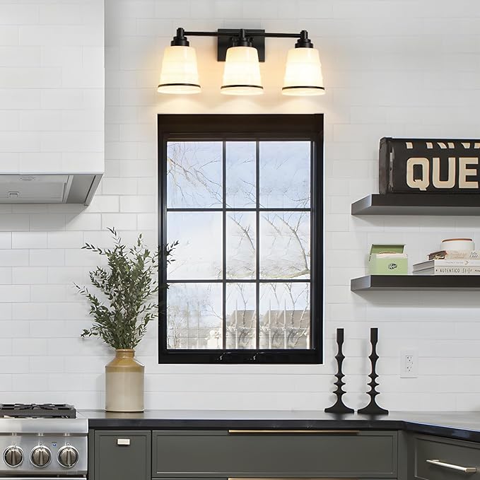 Black Bathroom Vanity Light Fixture,3 Light Bathroom Light Fixtures Over Mirror with Milky White Glass and Metal Base Wall Sconce,21.3 inch Modern Vanity Light for Bathroom (Exclude E26 Bulb)