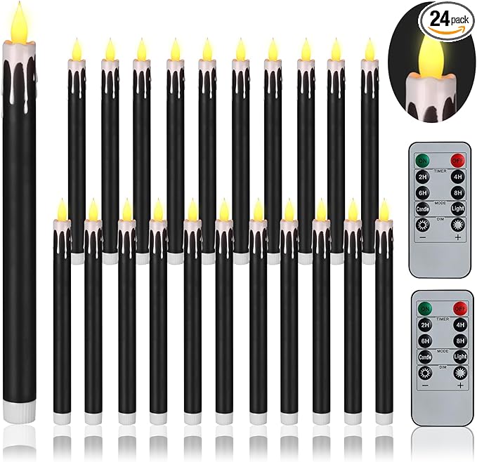 Flameless Taper Candles 10.6" Dripless Battery Operated Taper Candles Included Remote Timer 400+ Hours by 2AA Batteries for Halloween Christmas Wedding (Black+White, 24 Pack)