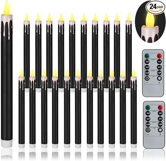 Flameless Taper Candles 10.6" Dripless Battery Operated Taper Candles Included Remote Timer 400+ Hours by 2AA Batteries for Halloween Christmas Wedding (Black+White, 24 Pack)