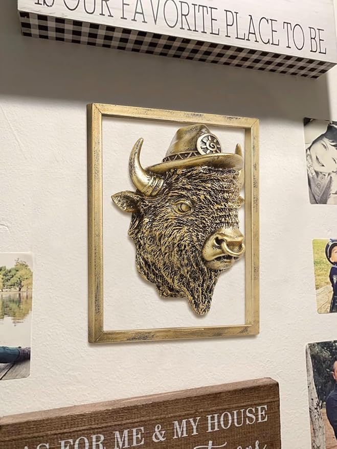 Animal Heads Wall Decor (Includes Metal Frame) Resin Animals Sculptures Head Wall Hanging Decoration Gold vintage Wall Sculpture for Living Room Bedroom Office (American Bison)