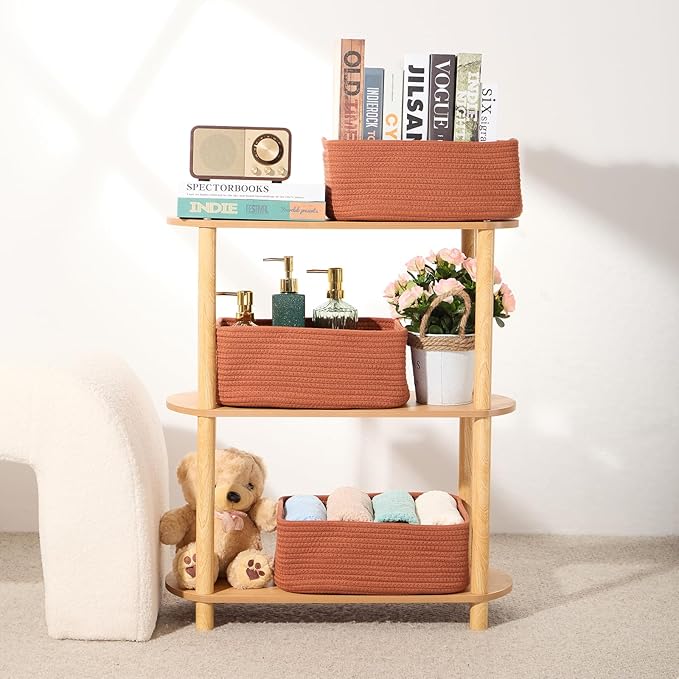 Small Storage Baskets for Organizing | Closet Organizer Bins | Shelf Toy Basket | Woven Rope Baskets | Cube Decorative Box | Shallow Basket | 13x8.5x5.1” | 3 Packs Oxide Red