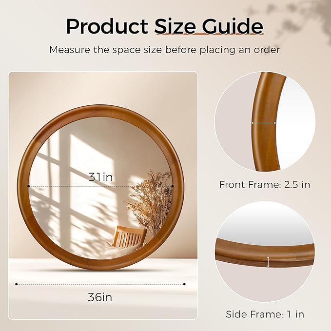 Round Wood Mirror for Wall,36 Inch Circle Decorative Mirror with Walnut Frame,Rustic Bathroom Hanging Vanity Mirror for Entryway,Bedroom or Living Room