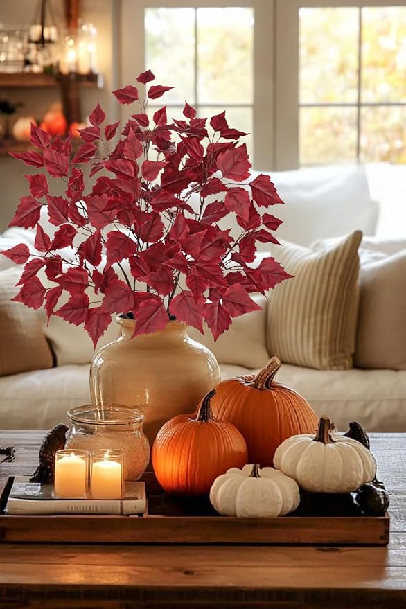 Hollyone 3Pcs Fall Artificial Birch Leaves with Stems 33" Silk Faux Burgundy Autumn Leaf Branches Spray Fake Fall Leaves Decorations for Home Vase Florals Thanksgiving Table Centerpieces Indoor Decor