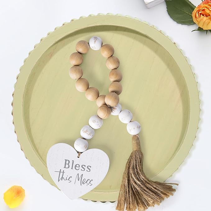 HPC Decor 12in Round Mint Green Wood Beaded Tray - Decorative Living Room, Coffee Table, Kitchen Table, Dining Room or Farmhouse Serving Tray