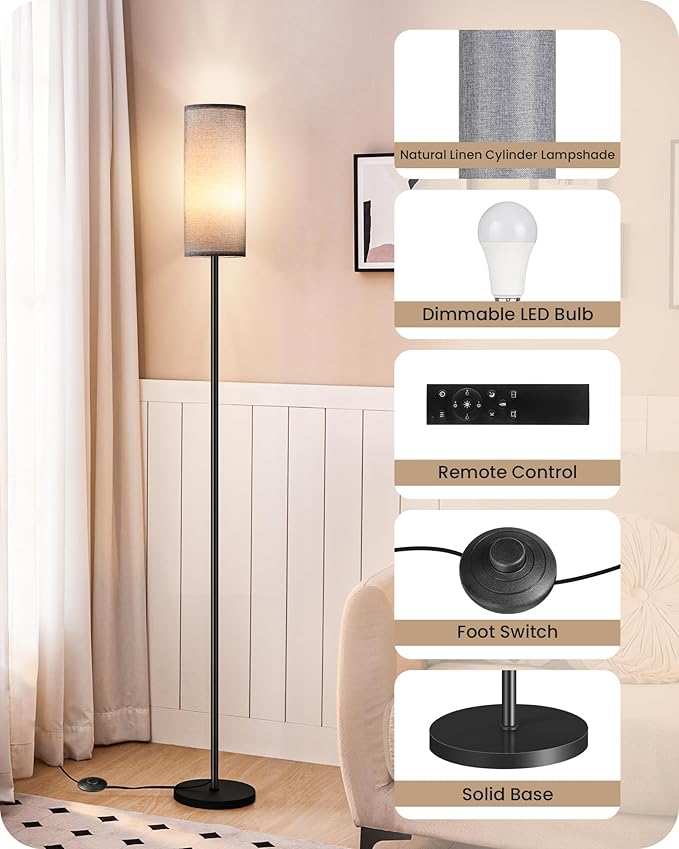 Dimmable Gray Floor Lamp for Living Room with Remote and Foot Switch, Corner Floor Lamp for Bedroom, Modern Standing Tall Lamp, 10W 900LM Bulb Included, 3000K-6500K, Linen Shade, FCC Listed H06LD05W1