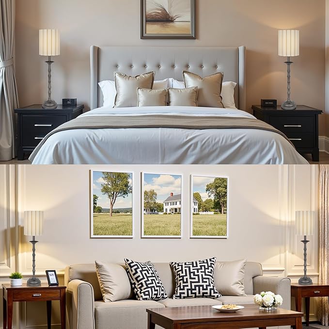 Vintage Brown 28.9’’ Scalloped Table Lamp, Rustic/Farmhouse Buffet Lamp, Scallop Lampshade and Bamboo Lamp Post, for Living Room Bedside Side Table