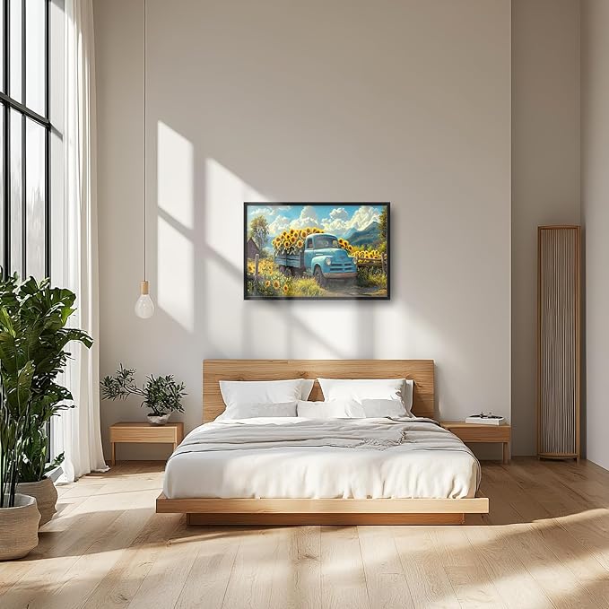 Olivine Large Wall Art, Sunflower Pictures Wall Decor, Farmhouse Sunflower Painting, Sunflowers Truck Canvas Prints, Framed Artwork for Living Room Bedroom Bathroom Office Home Decoration 36"x24"