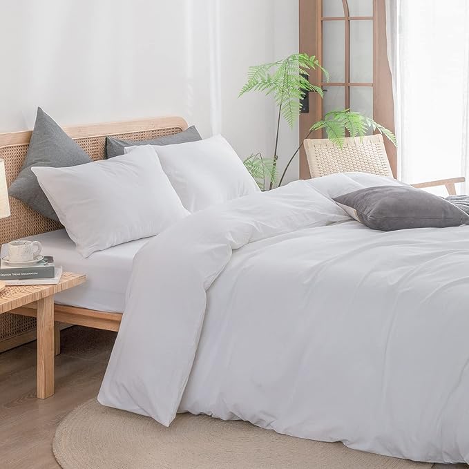 BESTOUCH Duvet Cover Set 100% Washed Cotton Linen Feel Super Soft Comfortable Chic Lightweight 3 PCs Home Bedding Set Solid Bright White Oversized King