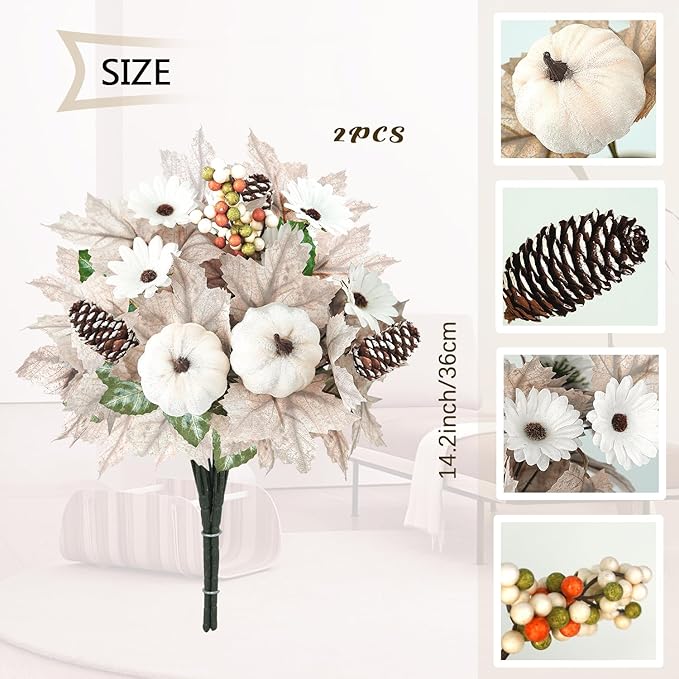 Artmag 2PCS Fall Artificial Flowers Decoration Maple Leaf Stem Pumpkin Branch Sunflower and Berries for Fall Thanksgiving Home Kitchen Festival Decoration (White)