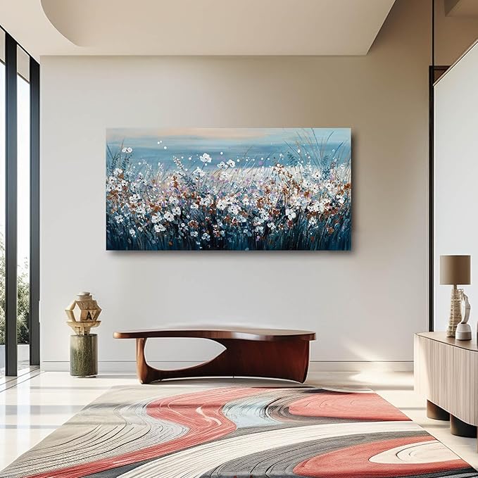 Blue Pictures Wall Decor Ocean Landscape Framed Wall Prints for Living Room Floral Wall Art Office Posters for Room Decor 29x58 Inch Hotel Art