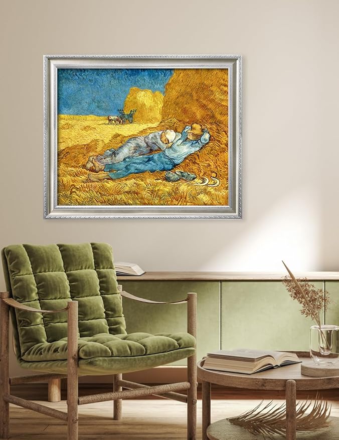 DECORARTS - Noon: Rest from Work by Vincent van Gogh, Museum-Quality Giclee Canvas Print with Silver Solid Wood Frame, 34.75 x 28.75 in, Ready to Hang, Made in USA