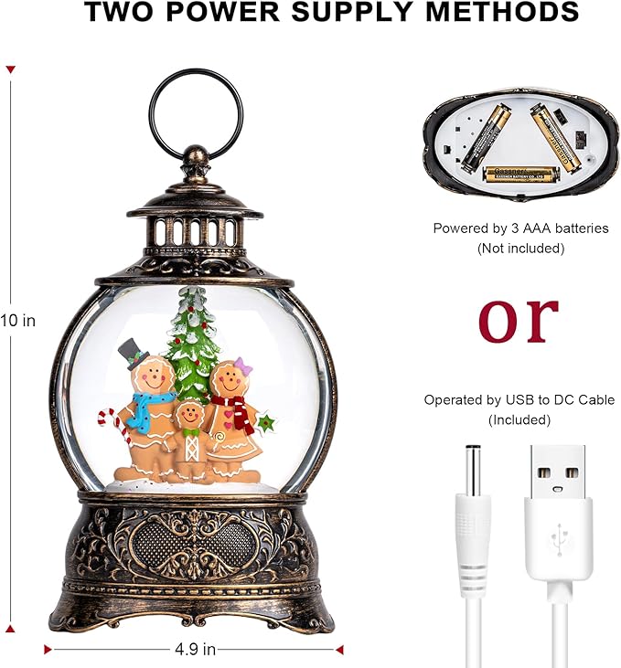 Christmas Snow Globe Lantern Water Glittering Gingerbread Family with Music& Timer, USB Lined/Battery Operated Lighted Lantern for Christmas Festival Decoration Gifts