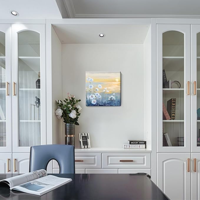 Bathroom Decor Wall Art Blue Ocean Sunset Seascape Painting Seaside Wildflowers Picture Abstract Coastal Canvas Print Natural Scenery Sunrise With Yellow Orange Sky Landscape Framed Artwork 14x14inch