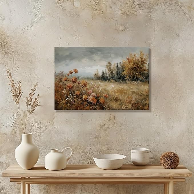Fall Canvas Wall Art Wildflower Posters Autumn Landscape Pictures Print Art Vintage Rustic Farmhouse Wall Decor 24x36inch Framed