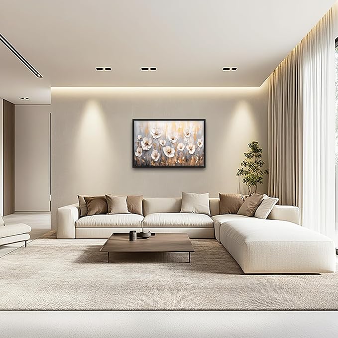 Olivine Flower Large Wall Art, White Floral Pictures Wall Decor, Retro Flowers Paintings Canvas Prints, Framed Artwork for Dining Room Bedroom Living Room Office Bathroom Home Decoration 36"x24"