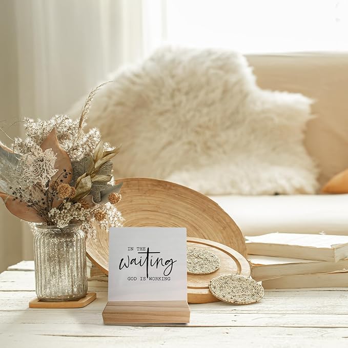 In the Waiting God is Working Christian Desk Small Wood Sign Signs with Wooden Stand,Inspirational Religious Sign Decor for Home Office Church,Positive Christian Gifts for Women Men Teens