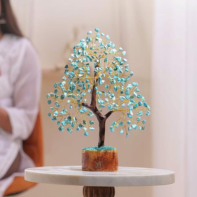 Turquoise Gemstone Crystal Tree, 2 Chakra Pendants, Crystals and Healing Stones, Birthday Gifts for Women, Gemstone Tree, Office Decor, Chakra Stones, Positive Energy Crystals, Gifts for Mom 10-12"