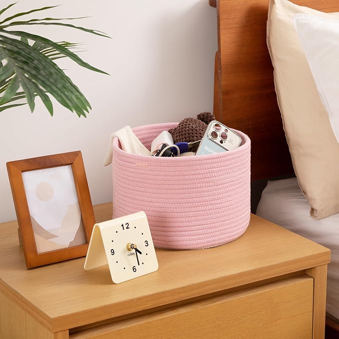 OIAHOMY Small Storage Baskets for Organizing,Closet Cube Shelf Storage, 9.8”×9.8”×7.1”, Woven Cotton Rope Gift Baskets for Nursery,Cute Dog Toy bins, Round 3 Packs, Pink
