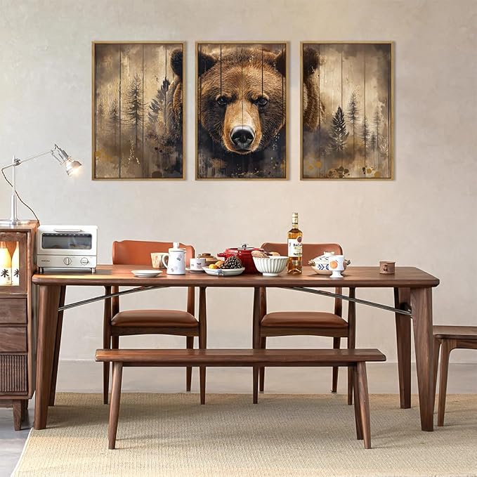 ANHUIB Brown Bear Wall Art 16x24 Inch Forest Paintings Rustic Wildlife Wall Decor Set of 3 for Living Room Bedroom Dining Room