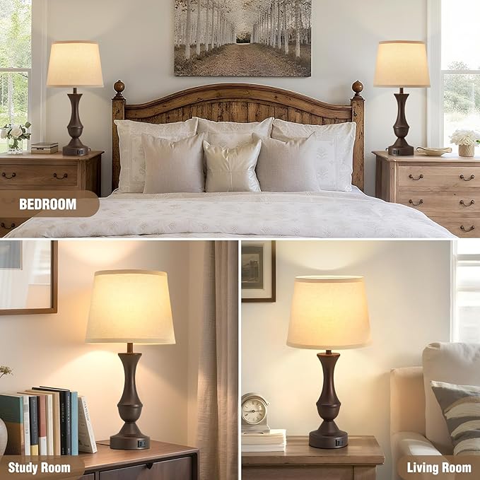 Luvkczc 22" Table Lamp Set of 2 - Vintage Brown Bedside Lamp with Beige Fabric Shade, 3-Way Dimmable, USB C+A Ports, Nightstand Lamp for Living Room Bedroom (Bulb Included)