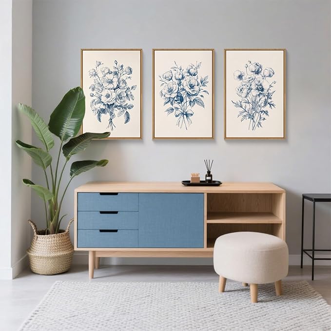 KAIRNE 3 Piece Chinoiserie Blue Floral Wall Art, Vintage Navy Flower Sketch Prints, Watercolor Bouquet Canvas Paintings for Living Room, Bedroom Decor, Framed Botanical Wall Decor Set - 24"×36"