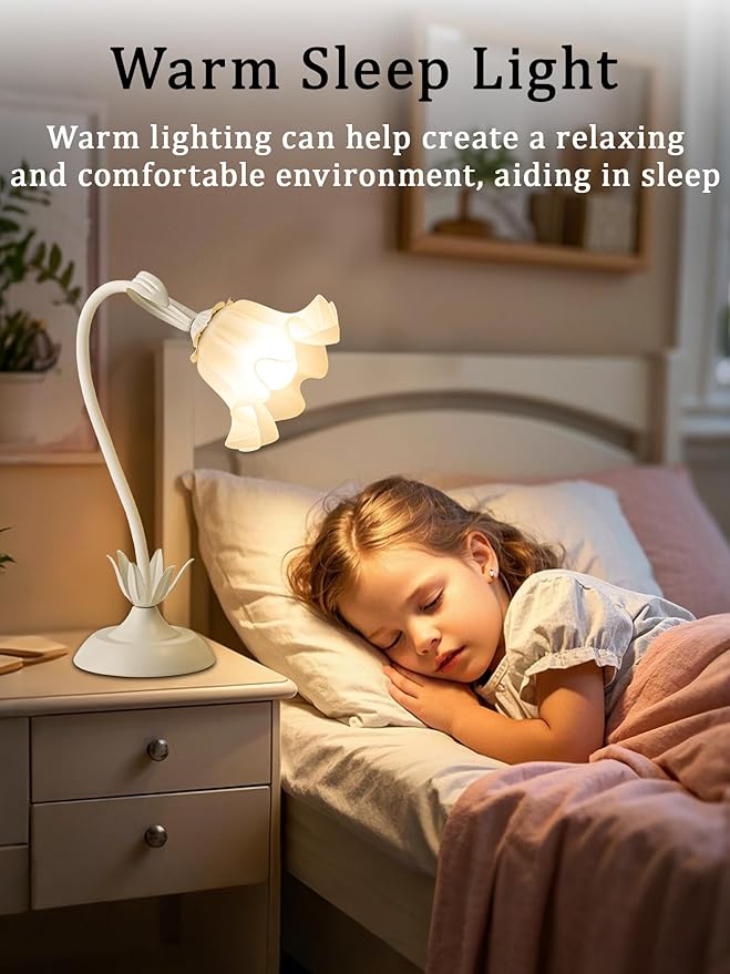 Flower Table Lamp,Bedside Table Lamp for Bedroom LED Reading Light 3 Color Modes,Vintage Flower Lamp Kawaii Table Lamps Desk Living Room Home Decor Mothers Day Birthday Gifts for Mom Women(White lamp)