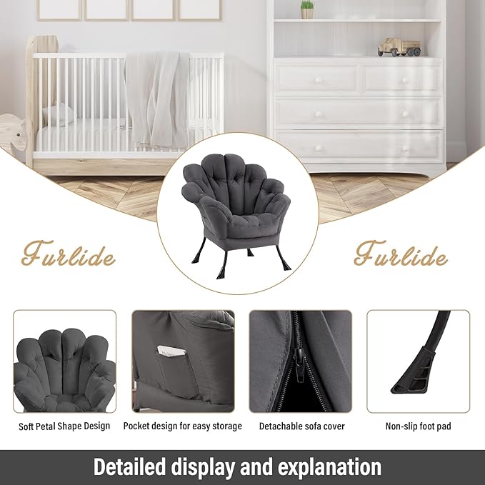 Lazy Chair, Modern Floral Reading Chair with Folding Footrest, Lounge Accent Chair, Comfortable Oversized Armchairs for Bedroom, Living Room, Courtyard, Dark Grey