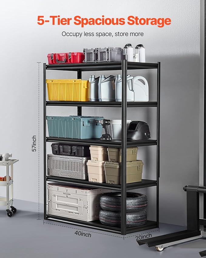 VEVOR Storage Shelves, 3000 lbs, 5 Tier Garage Storage Shelving, 24" D x 48" W x 72" H Adjustable Metal Shelves for Garage Shelves Utility Rack Shelf, Ideal for Kitchen, Warehouse, Basement, Black