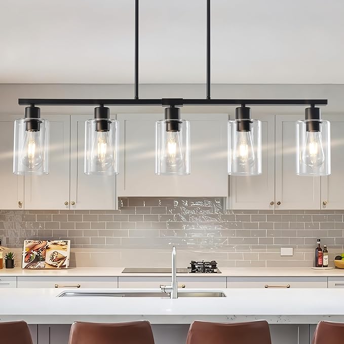 Black Linear Chandelier for Kitchen Island - 5 Light Pendant Lighting Fixture with Glass Shades, Adjustable Height Farmhouse Dining Room Hanging Light
